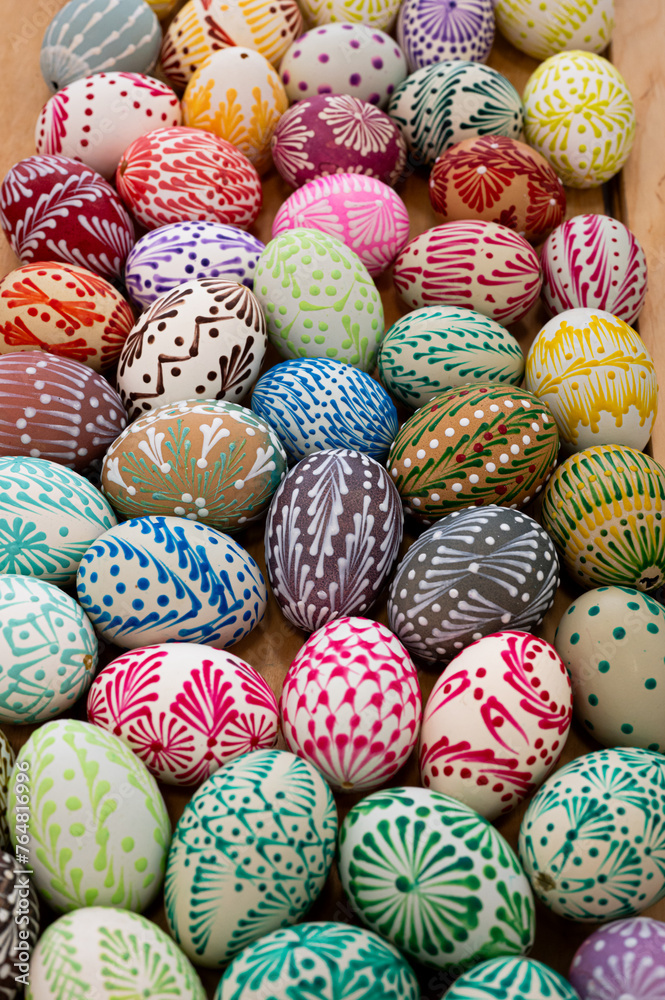 Close-up of colorful easter eggs in container Close-up of colorful easter eggs in container