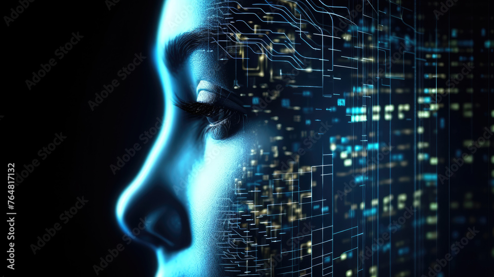 Artificial Intelligence and Virtual Reality concept. 3D human head made of pixels in neon holographic vivid colors on dark background. Vaporwave and Synthwave style illustration. Generative AI