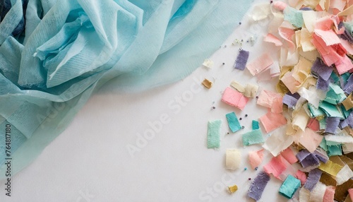 Colorful fabric background, scraps of cut-up material scatter to create a confetti-like backdrop or frame for crafting or sewing concept. photo