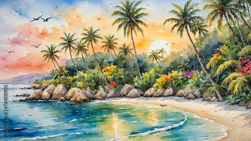 Seascape. Summer tropical beach with golden sand  waves  and palms. Horizontal landscape watercolor illustration