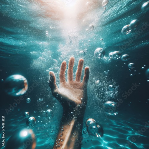 Captured from below, a human hand stretches toward the water's surface, encapsulated by bubbles and refracted light. The image symbolizes aspiration and the reach for the beyond. AI generation