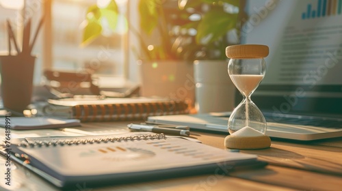 Hourglass on office desk, concept of time management at work