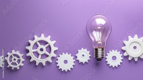 Light bulb and gears on purple background, concept of ideas and creativity