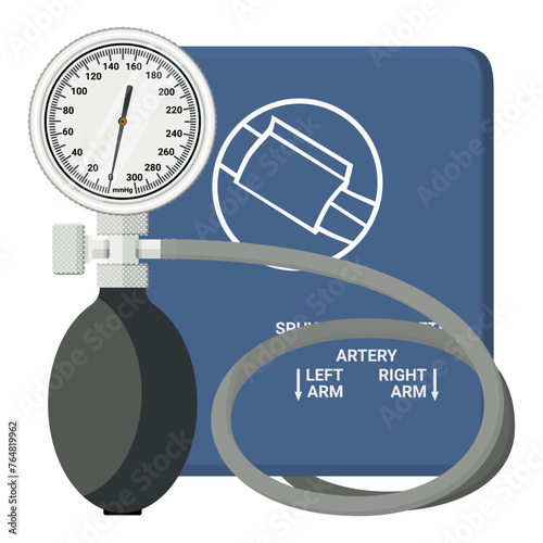 Medical equipment, Aneroid sphygmomanometers type of blood pressure monitor that uses a mechanical gauge to measure blood pressure. diagnostic. Flat design
