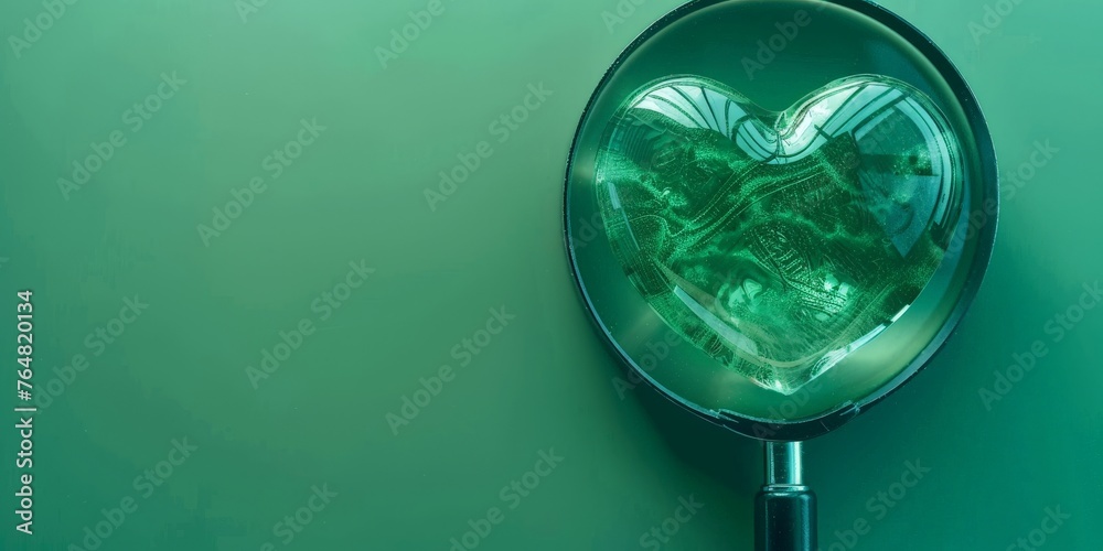 Magnifying glass and heart on green background with copy space