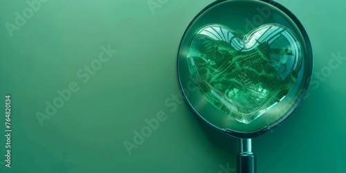 Magnifying glass and heart on green background with copy space © Kaleb