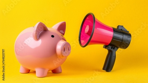 Megaphone and piggy bank on yellow background, marketing investment concept