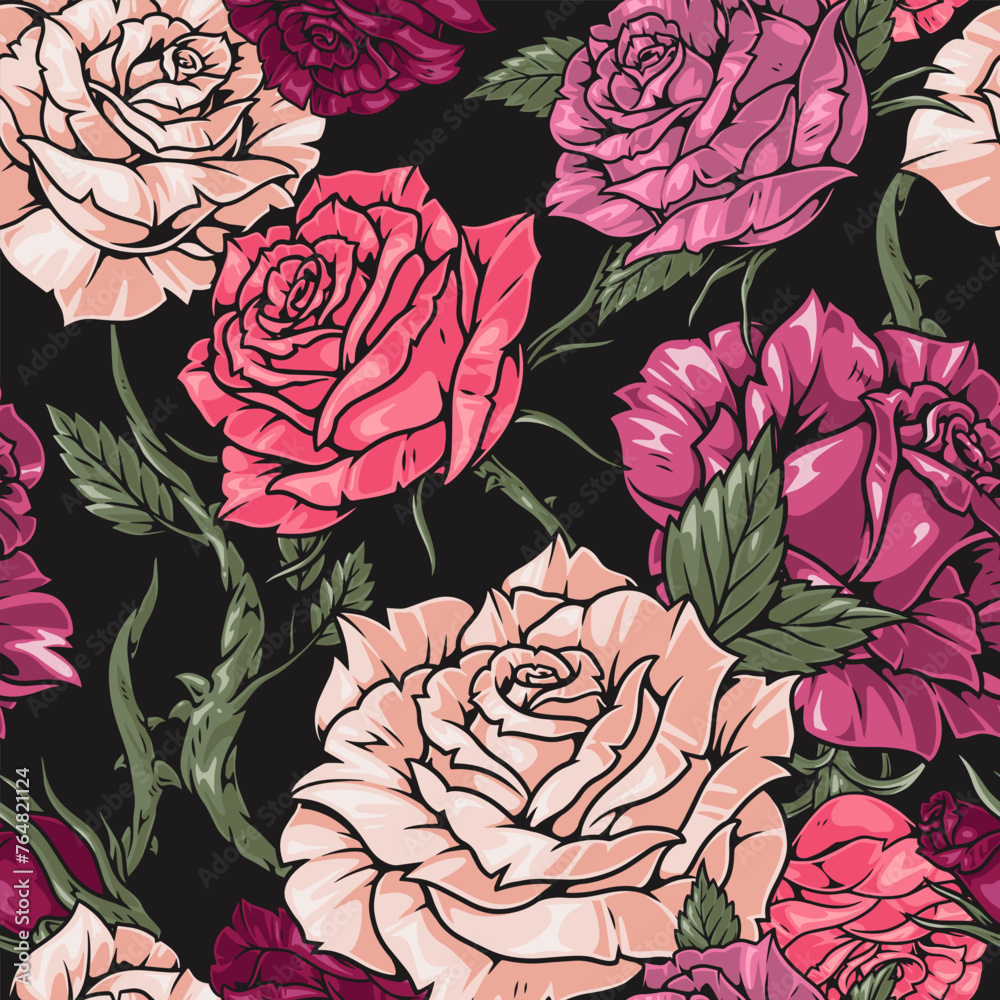 Rose flowers seamless pattern colorful - obrazy, fototapety, plakaty 