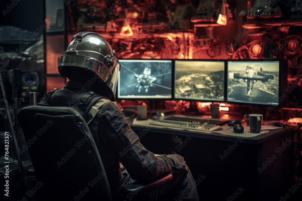a soldier man wearing helmets sitting monitor in a commander room.
 
 - obrazy, fototapety, plakaty 