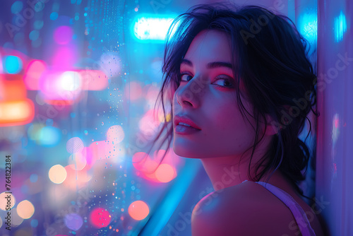 A beautiful woman sits by a window, illuminated by neon light