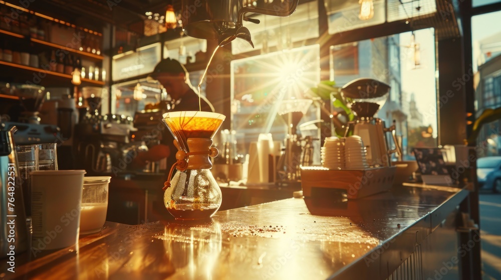 A chic urban coffee shop during the golden hour, 