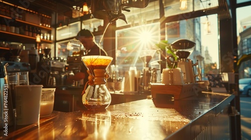 A chic urban coffee shop during the golden hour, 