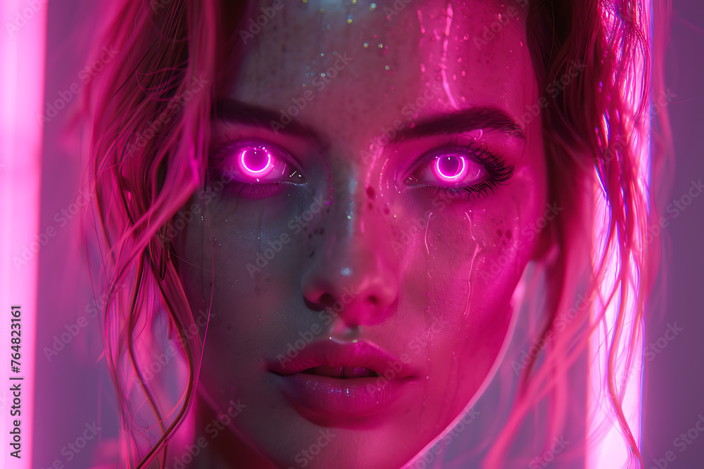 A beautiful woman in a futuristic neon style, perfect as an intro or preview for a music album