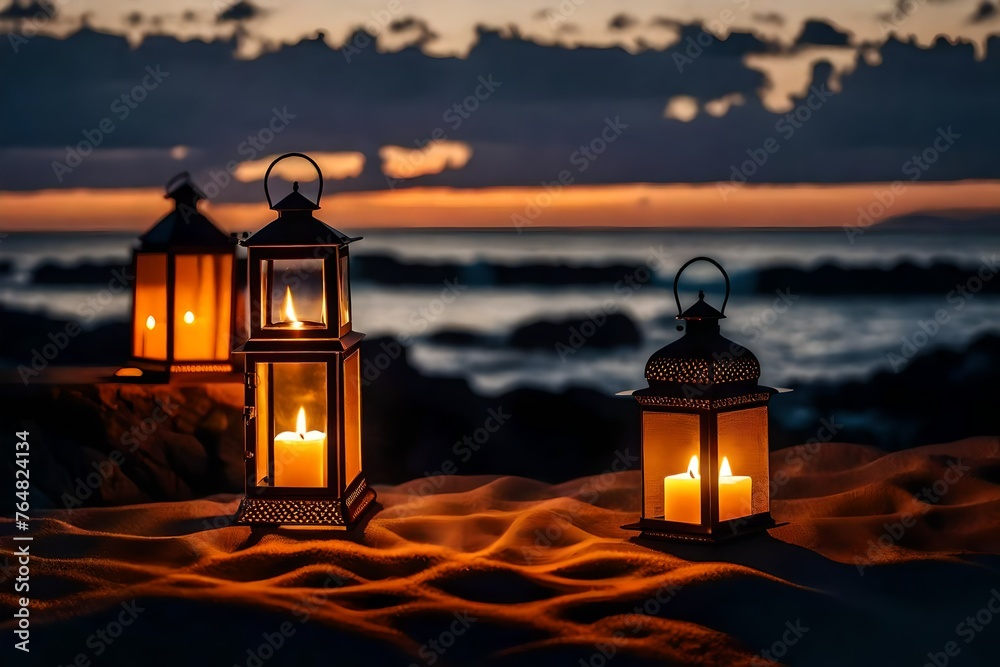 Colorful Candlelight Lantern over coastal sunset background