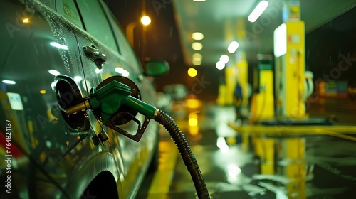Efficient Modern Automobile Being Refueled with High-Quality Gasoline at a State-of-the-Art Gas Station, Embracing Sustainable Energy Practices and Technological Advancements