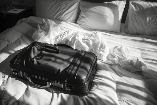 suitcase on the bed, packed for a trip, black and white image