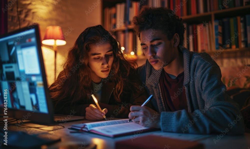Two young adults focused on studying in a dimly lit room with a computer and books