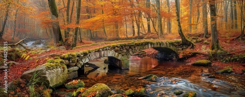 forest in autumn with an ancient stone bridge over a stream, showcasing fall colors and natural beauty