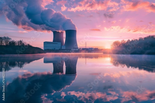 Nuclear power plant near the lake in the late afternoon