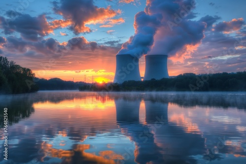 Nuclear power plant near the lake at sunset © Kaleb