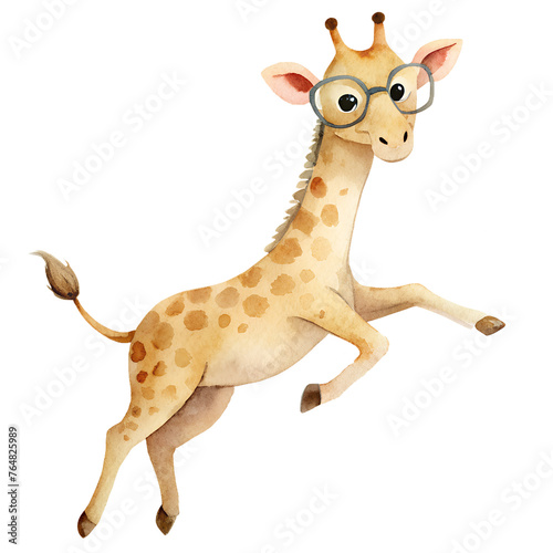 Watercolor illustration with cartoon funny giraffe in glasses. Isolated on transparent background. Perfect for card  postcard  tags  invitation  printing  wrapping