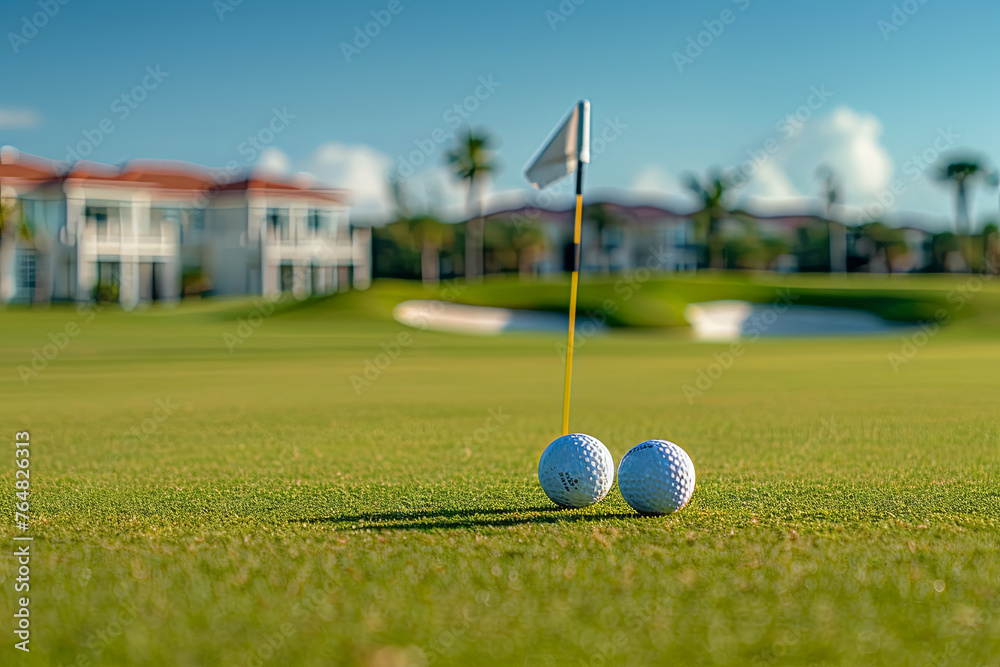 Obraz premium Two golf balls inside a cup on a golf course putting green with a flag