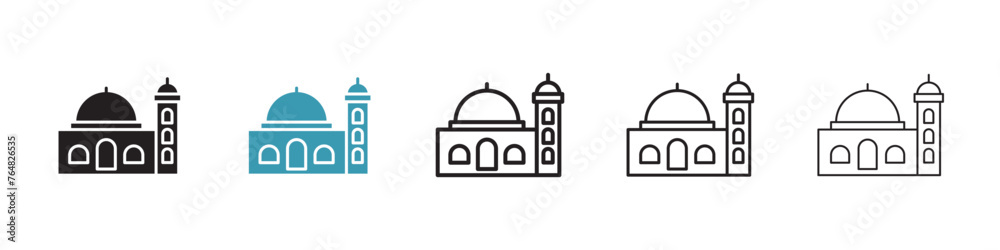 Mosque Structure and Minaret Icons. Islamic Worship Building and Religious Architecture Symbols