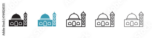 Mosque Structure and Minaret Icons. Islamic Worship Building and Religious Architecture Symbols