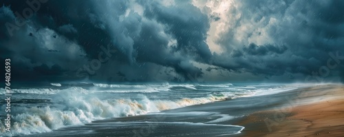 dramatic ocean scape with lightning crashing over the tumultuous sea. Ocean storm comming