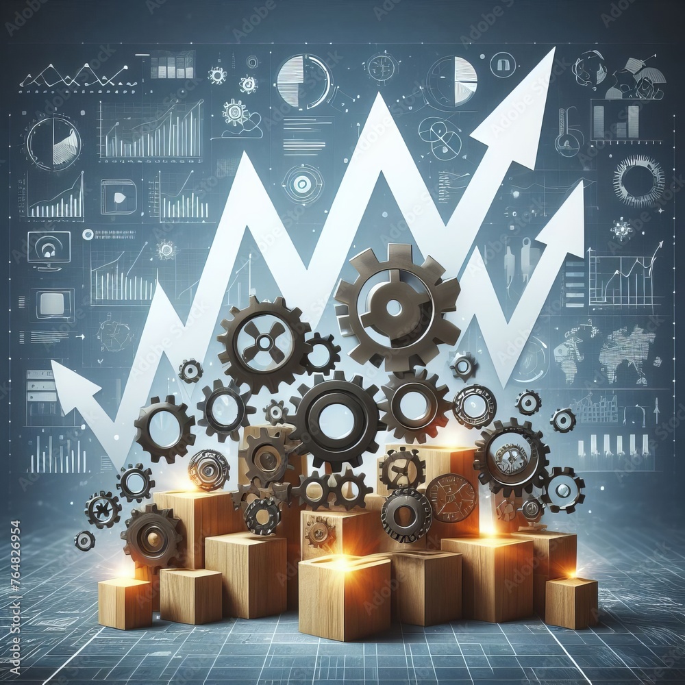 Fototapeta premium An array of gears and rising arrows on a virtual grid symbolizing a surge in economic or technological trends. The scene blends mechanical elements with abstract financial growth. AI generation