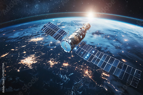 Concept of Global Satellite Communication, Orbiting Satellites Around the Earth photo