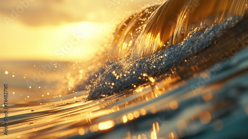 Sea wave with golden bokeh effect. Nature background