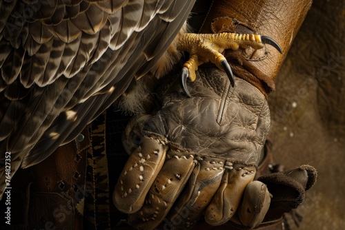 The powerful grip of a falcon's talons is seen up close on a textured leather falconry glove