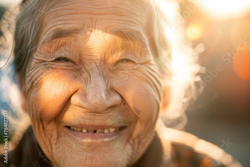 A detailed close-up of an elderly Asian lady's face, showing her warm smile and wrinkles against a sunlit backdrop