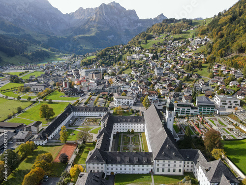 Drone view at a the convent of Engelberg in the Swiss alps
