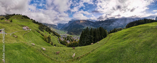 Drone view at the valley of Engelberg in the Swiss alps