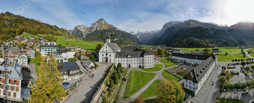 Drone view at a the convent of Engelberg in the Swiss alps