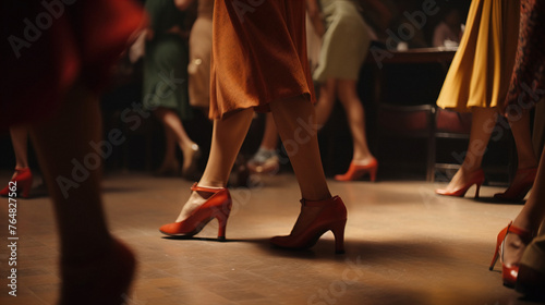 1940's style Dancehall: Close-ups of Women's Dance Shoes. Latin Rhythm, Warm and Expressive 