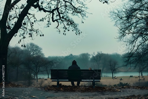 A person sitting alone on a bench in a desolate park looking forlorn and lost. Concept Loneliness, Sadness, Isolation, Park Bench, Emotional Portrait