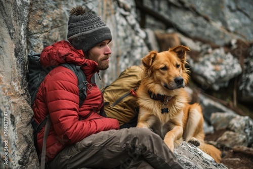 An adventurer with his dog taking a break during a hike in the mountains, showcasing companionship and nature