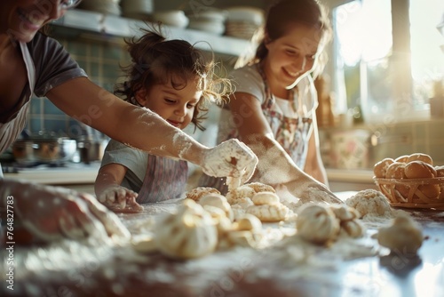 A lively family scene with children and adults baking together, covered in flour in soft kitchen light photo