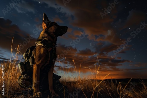 An awe-inspiring image of a dog outfitted with gear under a beautiful twilight sky, filled with adventure spirit