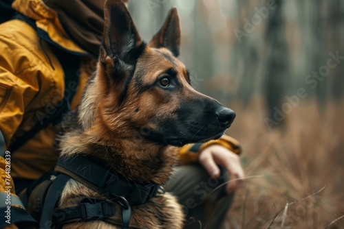 A German shepherd attentively sitting in a forest setting alongside a person, showcasing the bond between human and dog