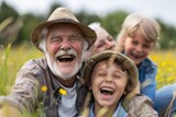 A multi-generational family laughs joyfully together in a field with blooming yellow flowers