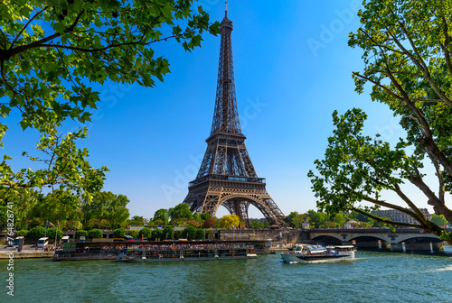 View of Eiffel Tower and river Seine in Paris  France. Eiffel Tower is one of the most iconic landmarks of Paris