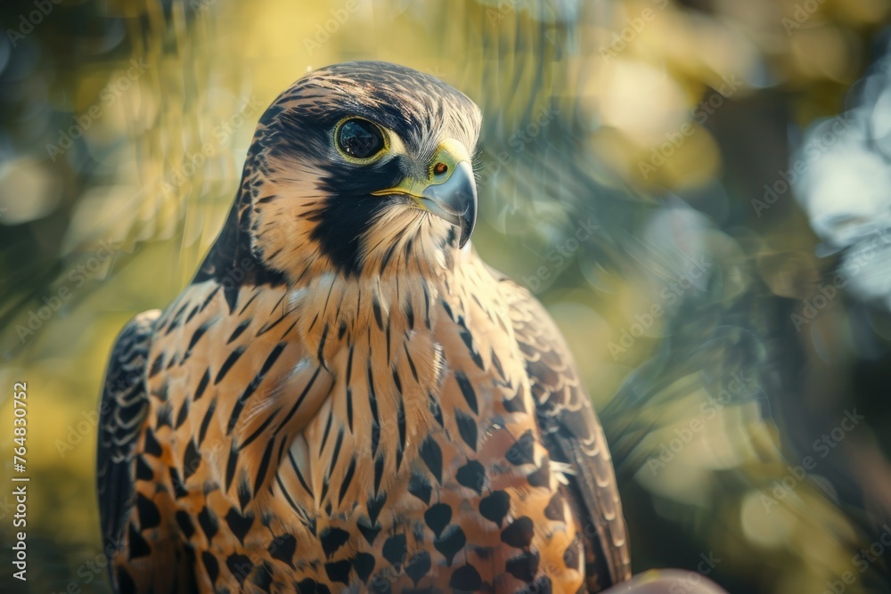 Close-up of a Peregrine Falcon with striking feather patterns and a piercing gaze, displaying the bird's majestic profile Close-up of a Peregrine Falcon with striking feather patterns and a piercing gaze, displaying the bird's majestic profile