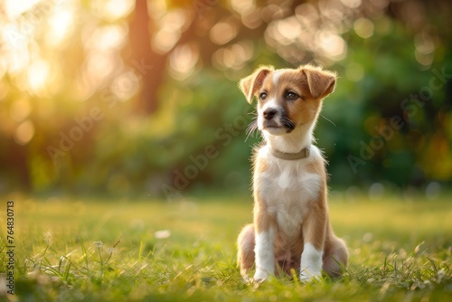 A dog sits with its face blurred out in a vibrant park, backlit by the golden sun with lush greenery