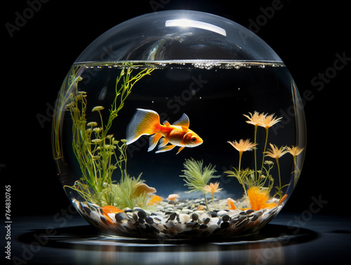 Goldfish in a round aquarium with water and one of them goes outside the aquarium for freedom or a change of environment  the theme of being different  separating from the environment 
