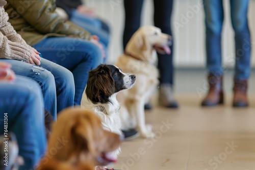 A row of obedient dogs sitting side by side during a training session, focusing attentively ahead photo