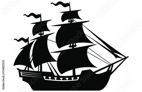 Silhouette of a Pirate Ship, Pirate boats and Old different Wooden Ships with Fluttering Flags 